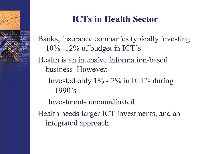 ICTs in Health Sector Banks, insurance companies typically investing 10% -12% of budget in