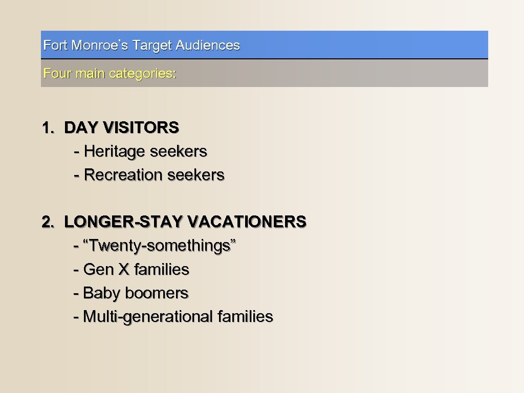 Fort Monroe’s Target Audiences Four main categories: 1. DAY VISITORS - Heritage seekers -