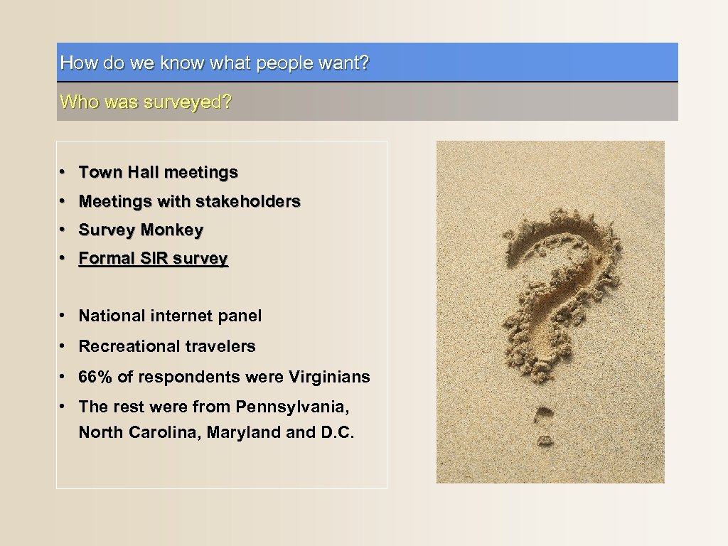 How do we know what people want? Who was surveyed? • Town Hall meetings