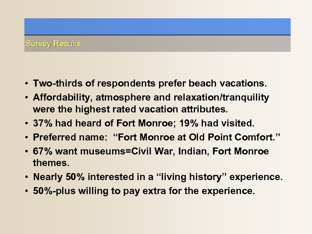 Survey Results • Two-thirds of respondents prefer beach vacations. • Affordability, atmosphere and relaxation/tranquility