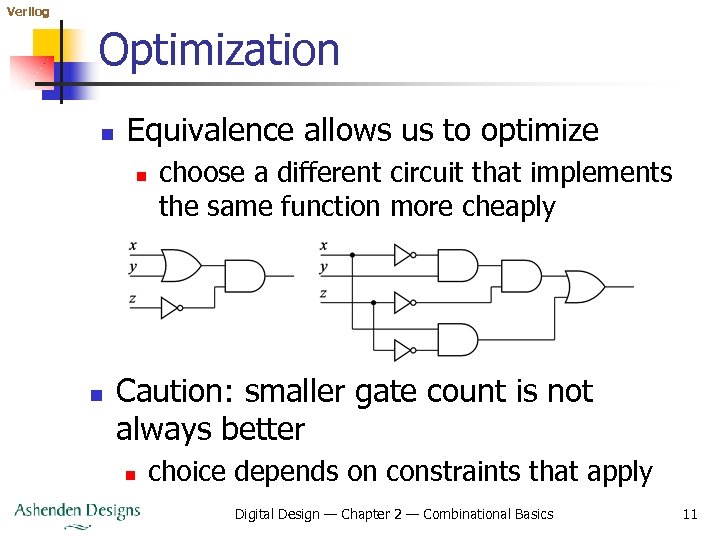 Verilog Optimization n Equivalence allows us to optimize n n choose a different circuit