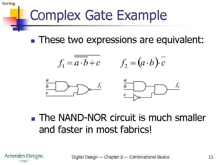 Verilog Complex Gate Example n n These two expressions are equivalent: The NAND-NOR circuit