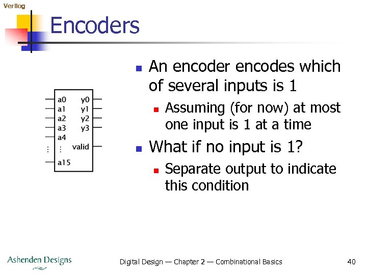 Verilog Encoders n An encoder encodes which of several inputs is 1 n n