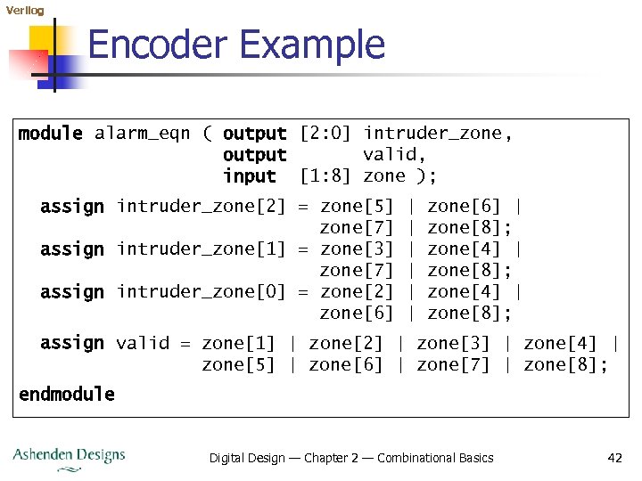 Verilog Encoder Example module alarm_eqn ( output [2: 0] intruder_zone, output valid, input [1: