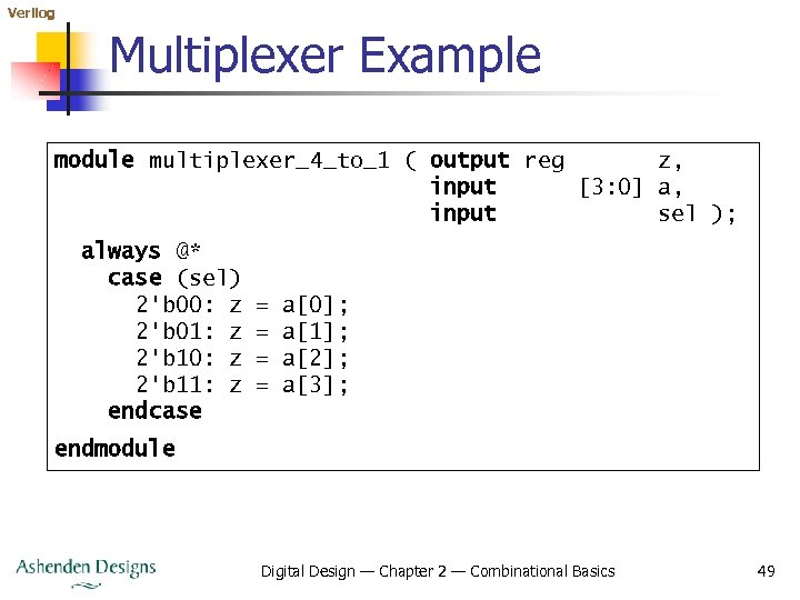 Verilog Multiplexer Example module multiplexer_4_to_1 ( output reg z, input [3: 0] a, input