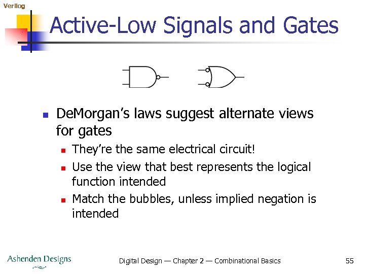 Verilog Active-Low Signals and Gates n De. Morgan’s laws suggest alternate views for gates