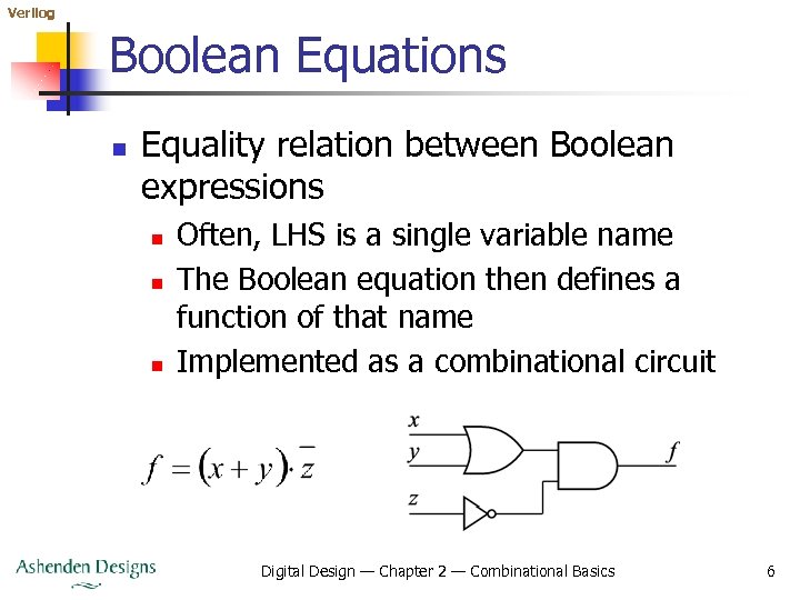 Verilog Boolean Equations n Equality relation between Boolean expressions n n n Often, LHS