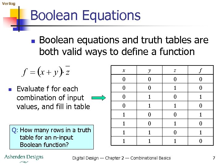 Verilog Boolean Equations n Boolean equations and truth tables are both valid ways to