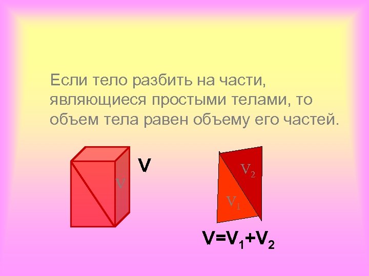 Если тело разбить на части, являющиеся простыми телами, то объем тела равен объему его