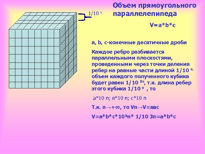 1/10 n Объем прямоугольного параллелепипеда V=a*b*c a, b, c-конечные десятичные дроби Каждое ребро разбивается