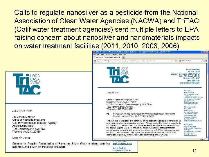 Calls to regulate nanosilver as a pesticide from the National Association of Clean Water