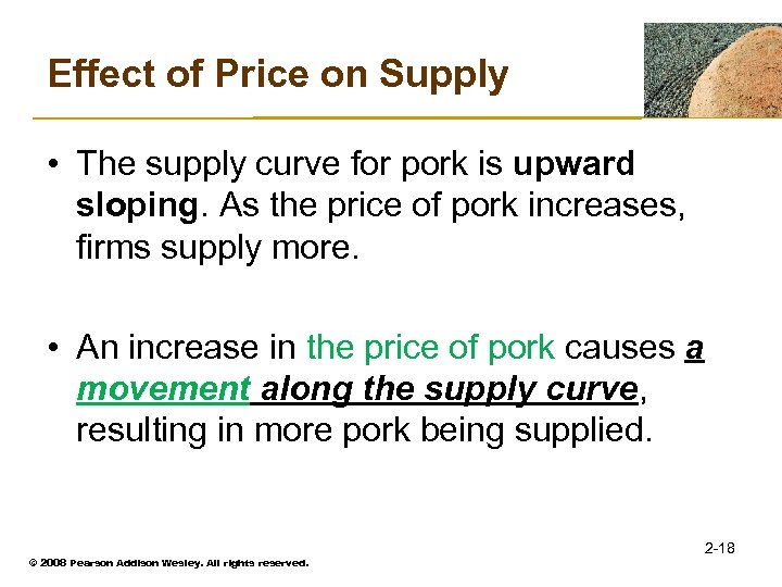 Effect of Price on Supply • The supply curve for pork is upward sloping.