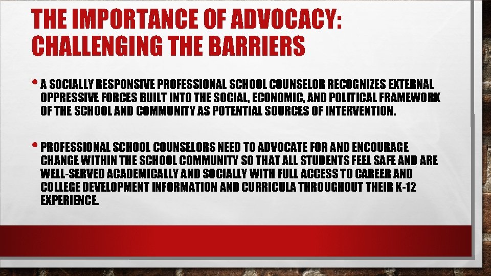 THE IMPORTANCE OF ADVOCACY: CHALLENGING THE BARRIERS • A SOCIALLY RESPONSIVE PROFESSIONAL SCHOOL COUNSELOR