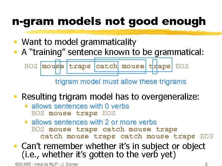 n-gram models not good enough § Want to model grammaticality § A “training” sentence