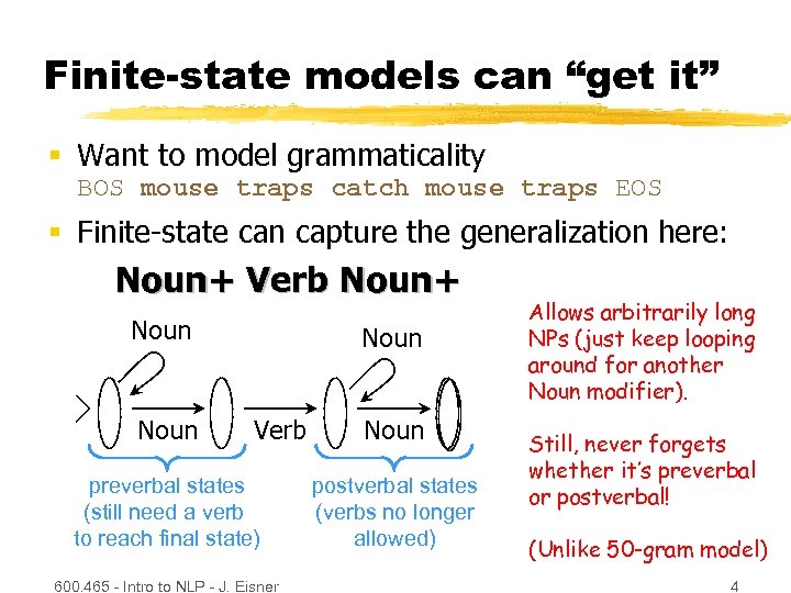 Finite-state models can “get it” § Want to model grammaticality BOS mouse traps catch