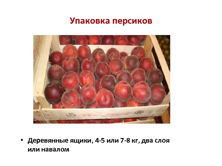 Упаковка персиков • Деревянные ящики, 4 -5 или 7 -8 кг, два слоя или