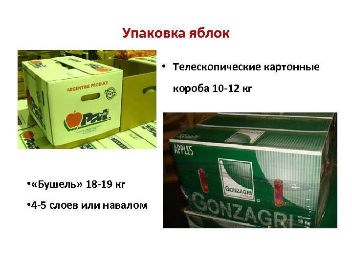 Упаковка яблок • Телескопические картонные короба 10 -12 кг • «Бушель» 18 -19 кг