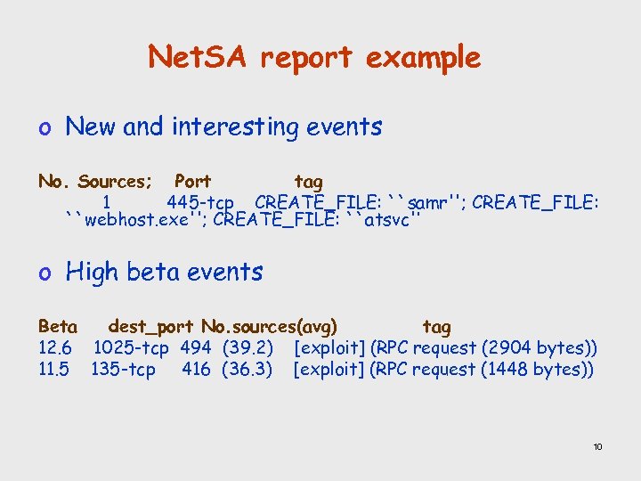 Net. SA report example o New and interesting events No. Sources; Port tag 1