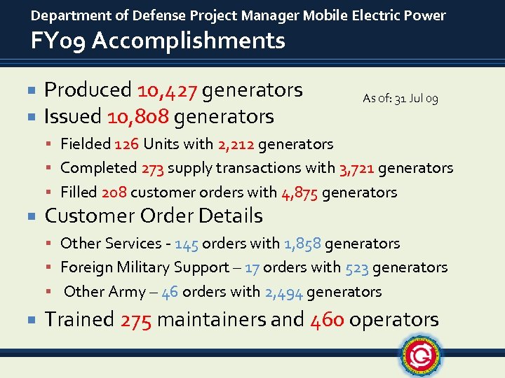 Department of Defense Project Manager Mobile Electric Power FY 09 Accomplishments Produced 10, 427