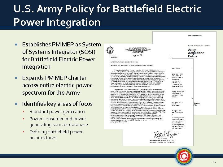 U. S. Army Policy for Battlefield Electric Power Integration Establishes PM MEP as System