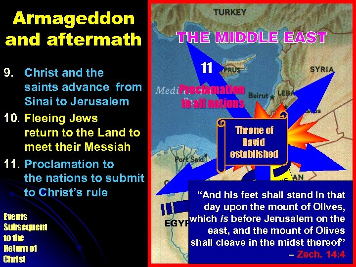 Armageddon and aftermath 9. Christ and the saints advance from Sinai to Jerusalem 10.