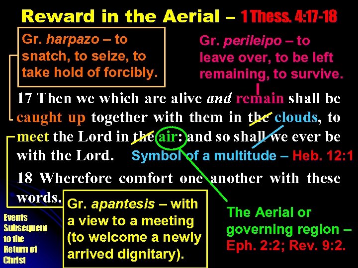 Reward in the Aerial – 1 Thess. 4: 17 -18 Gr. harpazo – to