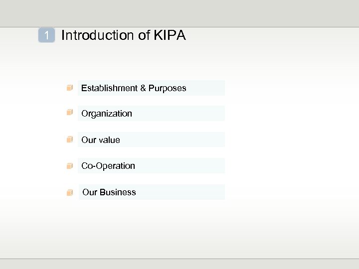 1 Introduction of KIPA Establishment & Purposes Organization Our value Co-Operation Our Business 