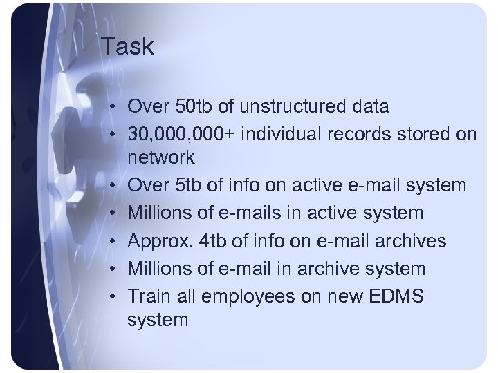 Task • Over 50 tb of unstructured data • 30, 000+ individual records stored