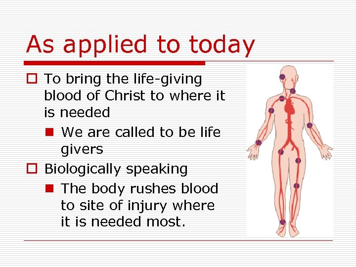 As applied to today o To bring the life-giving blood of Christ to where
