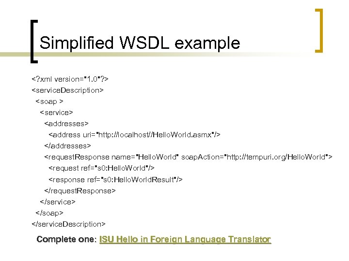 Simplified WSDL example <? xml version="1. 0"? > <service. Description> <soap > <service> <addresses>