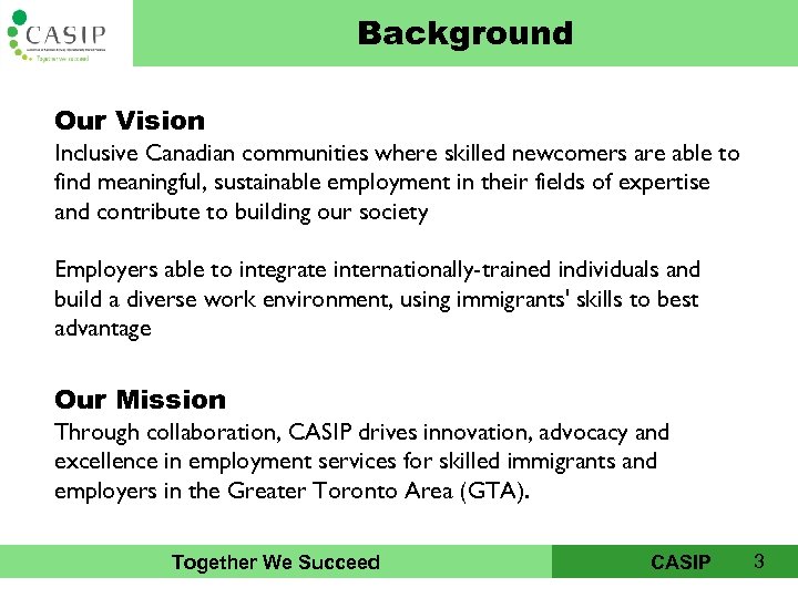 Background CASIP Our Vision Inclusive Canadian communities where skilled newcomers are able to find