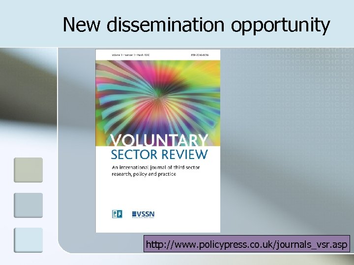 New dissemination opportunity http: //www. policypress. co. uk/journals_vsr. asp 