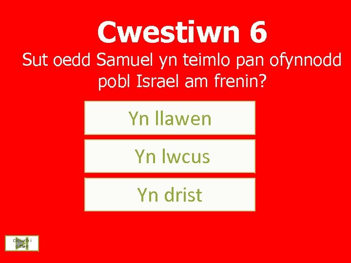 Cwestiwn 6 Sut oedd Samuel yn teimlo pan ofynnodd pobl Israel am frenin? Y
