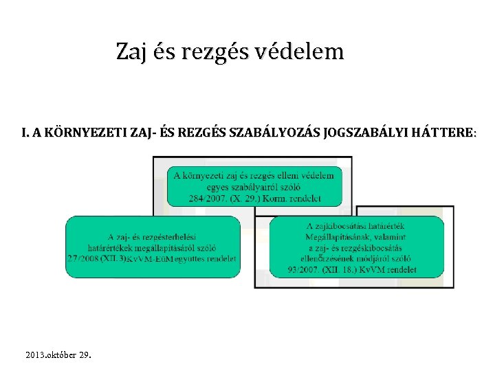Zaj és rezgés védelem I. A KÖRNYEZETI ZAJ- ÉS REZGÉS SZABÁLYOZÁS JOGSZABÁLYI HÁTTERE :