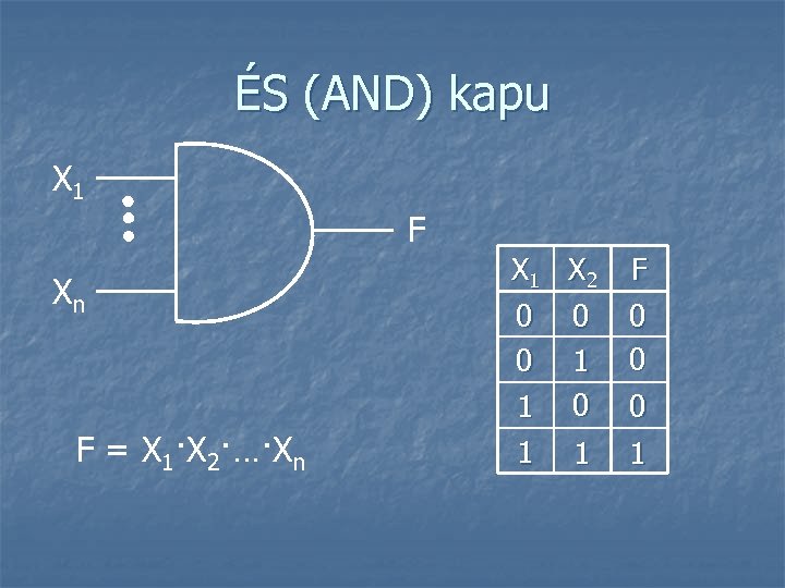 ÉS (AND) kapu X 1 F Xn F = X 1·X 2·…·Xn X 1