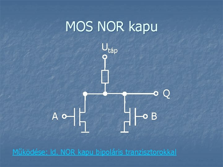 MOS NOR kapu Utáp Q A B Működése: ld. NOR kapu bipoláris tranzisztorokkal 
