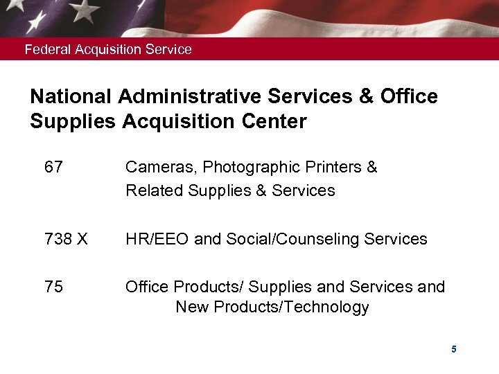 Federal Acquisition Service National Administrative Services & Office Supplies Acquisition Center Ø 67 Cameras,