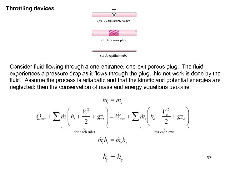 Throttling devices Consider fluid flowing through a one-entrance, one-exit porous plug. The fluid experiences