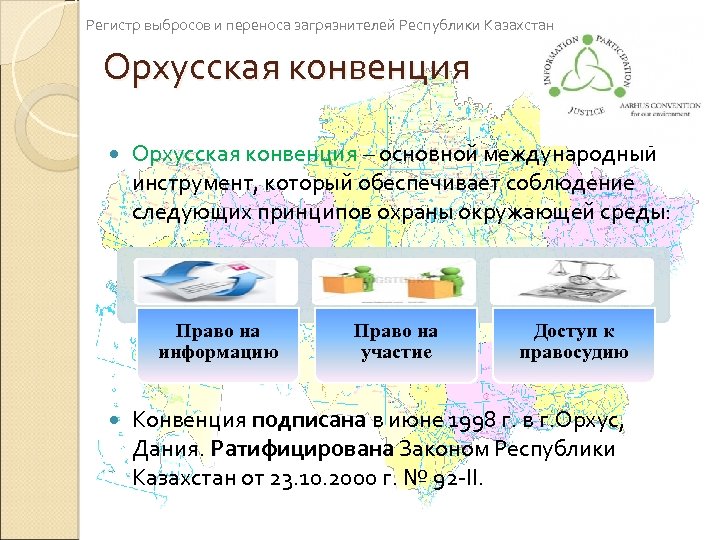 Регистр выбросов и переноса загрязнителей Республики Казахстан Орхусская конвенция – основной международный инструмент, который