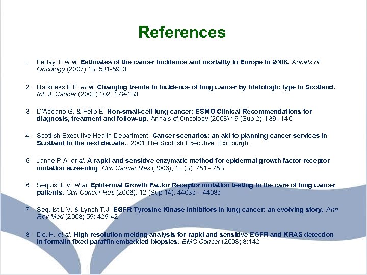 References 1 Ferlay J. et al. Estimates of the cancer incidence and mortality in