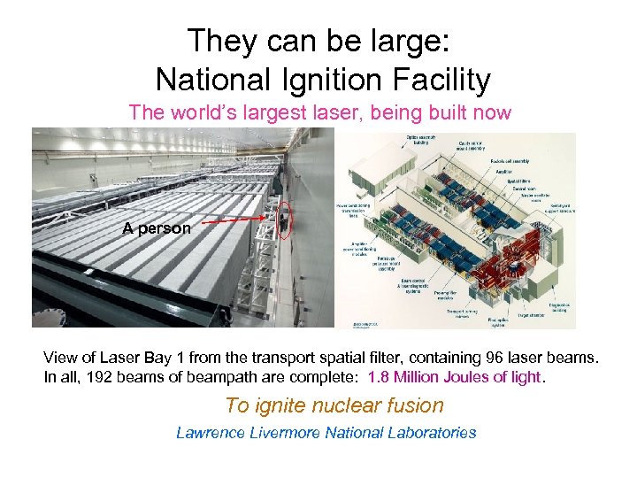 They can be large: National Ignition Facility The world’s largest laser, being built now