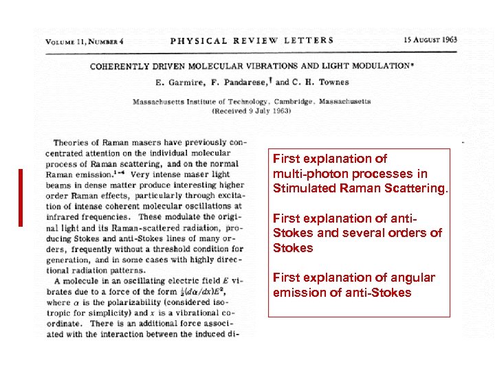 First explanation of multi-photon processes in Stimulated Raman Scattering. First explanation of anti. Stokes