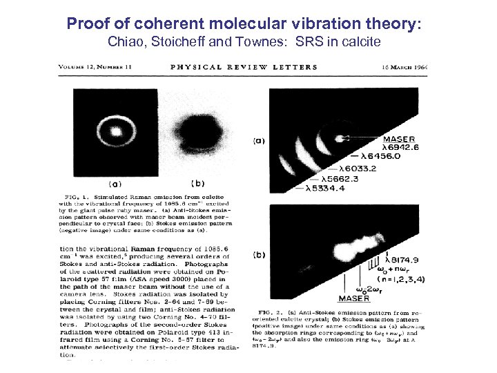 Proof of coherent molecular vibration theory: Chiao, Stoicheff and Townes: SRS in calcite 