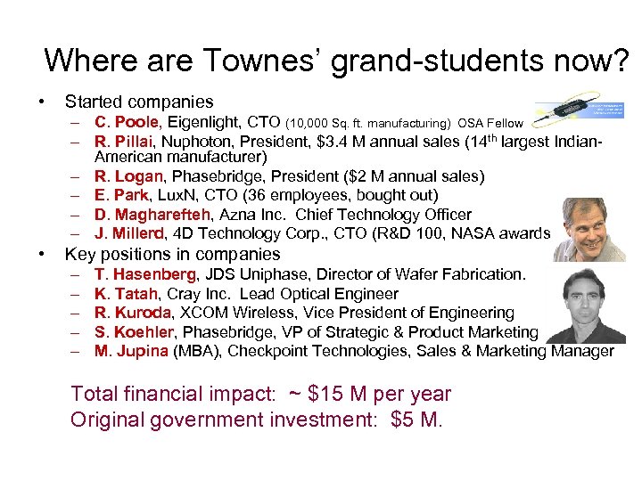 Where are Townes’ grand-students now? • Started companies – C. Poole, Eigenlight, CTO (10,
