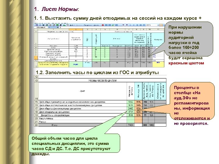 1. Лист Нормы: 1. 1. Выставить сумму дней отводимых на сессий на каждом курсе