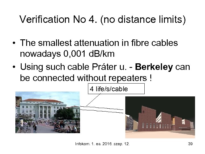 Verification No 4. (no distance limits) • The smallest attenuation in fibre cables nowadays