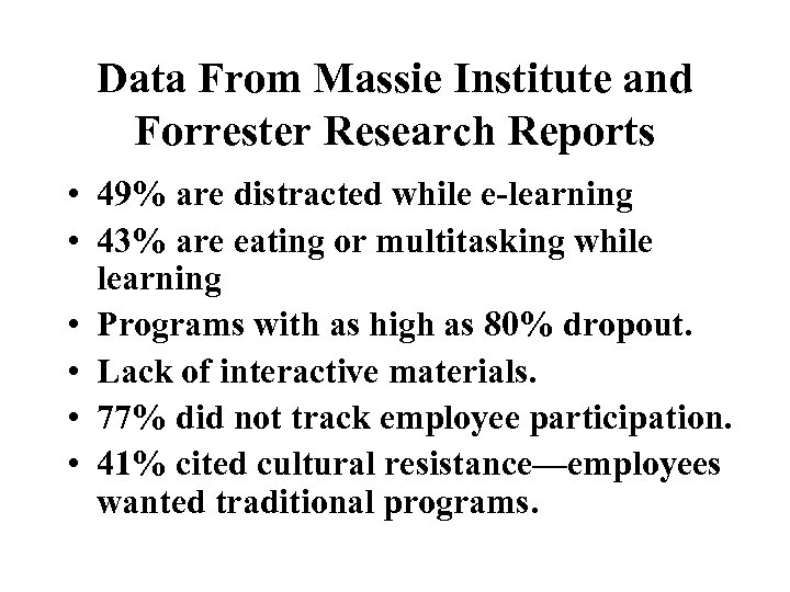 Data From Massie Institute and Forrester Research Reports • 49% are distracted while e-learning