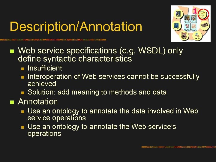 1 Description/Annotation n Web service specifications (e. g. WSDL) only define syntactic characteristics n