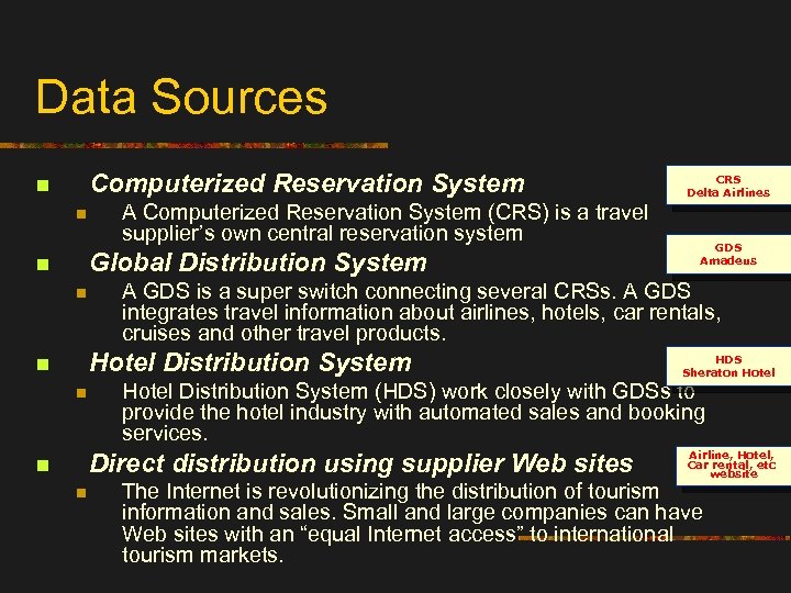 Data Sources Computerized Reservation System n n A Computerized Reservation System (CRS) is a