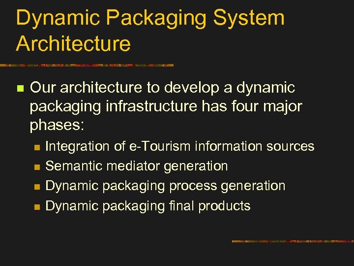 Dynamic Packaging System Architecture n Our architecture to develop a dynamic packaging infrastructure has